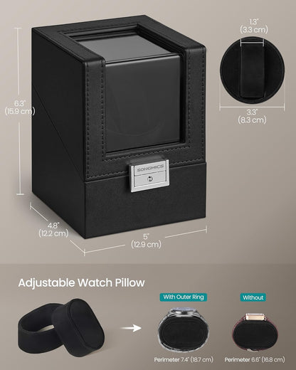 Automatic Single Watch Winder Box with Quiet Motor, for Automatic Watches, with LED Light, Adjustable Pillow, Lock, 4 Winding Settings, Includes a USB-C Charging Cable, Black UJWB030B01