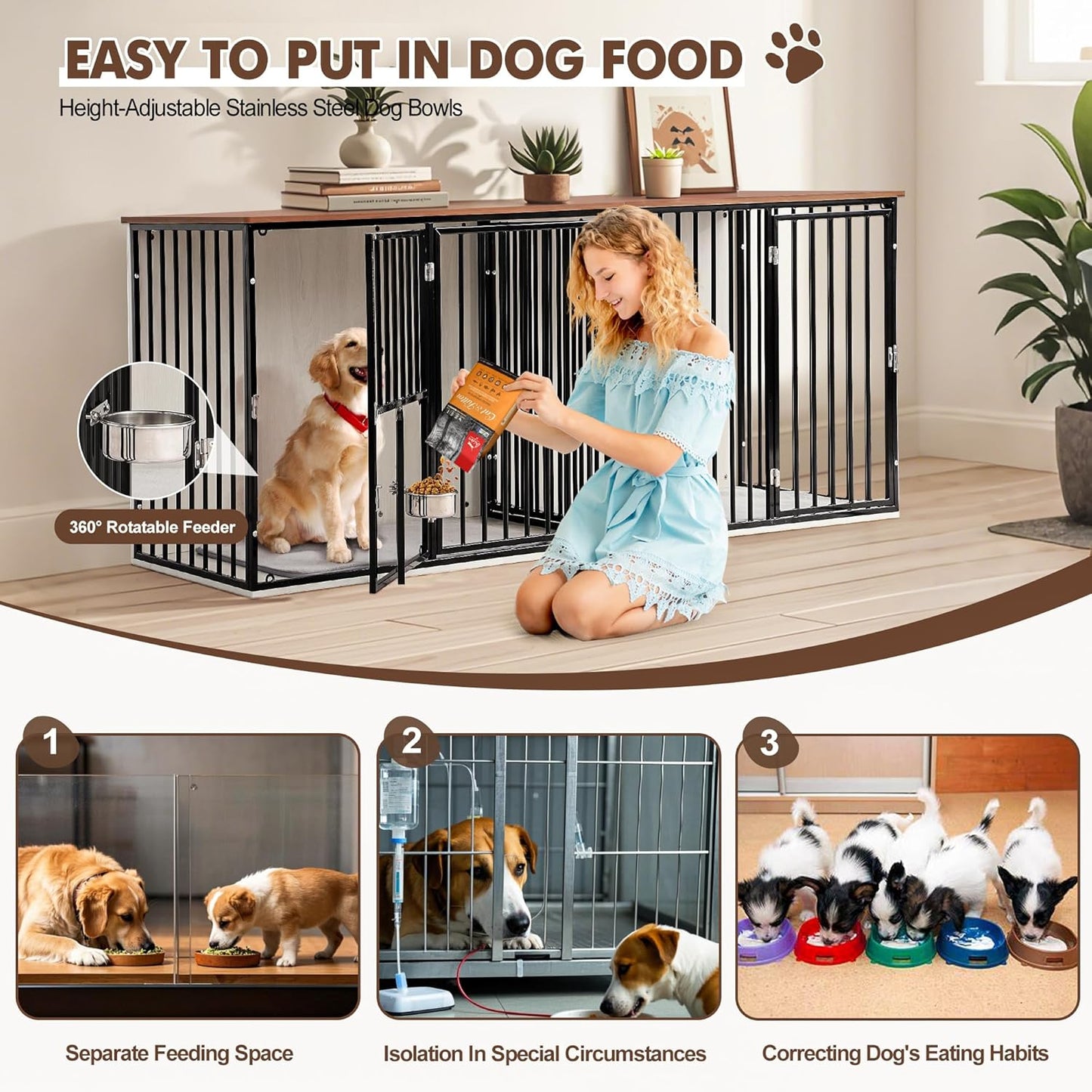 2 Dogs 60"-80" Double Crate Furniture for Large Medium Dogs, Heavy Duty Indoor Dog Kennel TV Stand with Dividers, Double-Room Indoor Dog House with Removable Trays (Black)