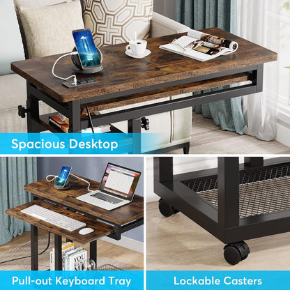 Small Portable Desk with Power Outlet, Height Adjustable Sofa Couch Bedside Laptop Table with Wheels, Mobile Standing Desk Rolling Computer Cart C Side Table with USB Ports