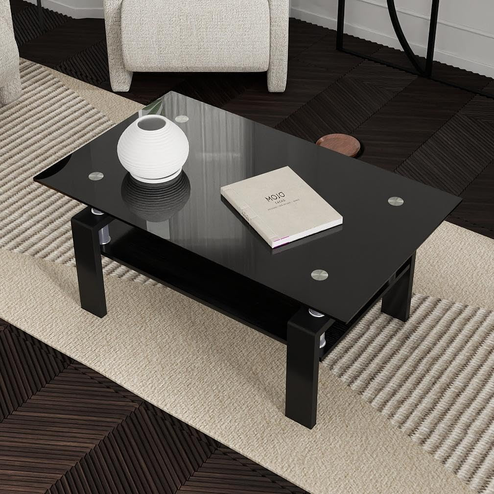 Glass Coffee Table, Black Living Room Rectangle Coffee Table with Tempered Glass & Metal Tube, 2 Layers of Storage Space Modern Tea Table Side Table for Waiting Room Small Space