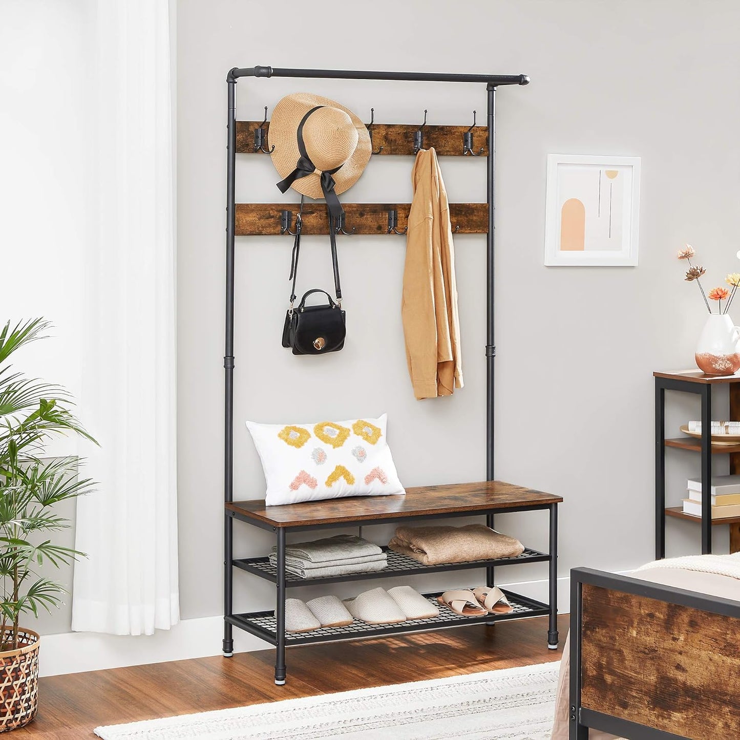 Coat Rack, 3-In-1 Hall Tree, Entryway Shoe Bench Coat Stand, Storage Shelves Accent Furniture Steel Frame Large Size, Industrial, Rustic Brown and Bronze UHSR45AX