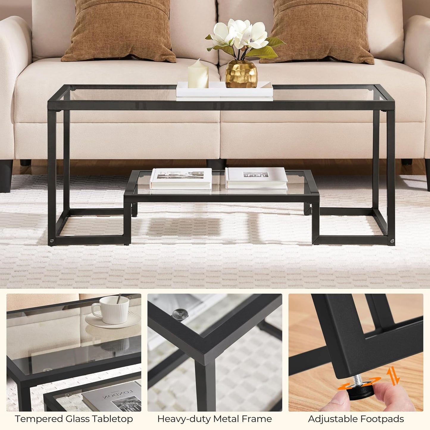 Coffee Table, Tempered Glass Coffee Table, Modern Simple Center Tables W/Geometric-Inspired Design & Metal-Frame & Easy Assembly & Open Storage Shelf for Living Room, Office, Black