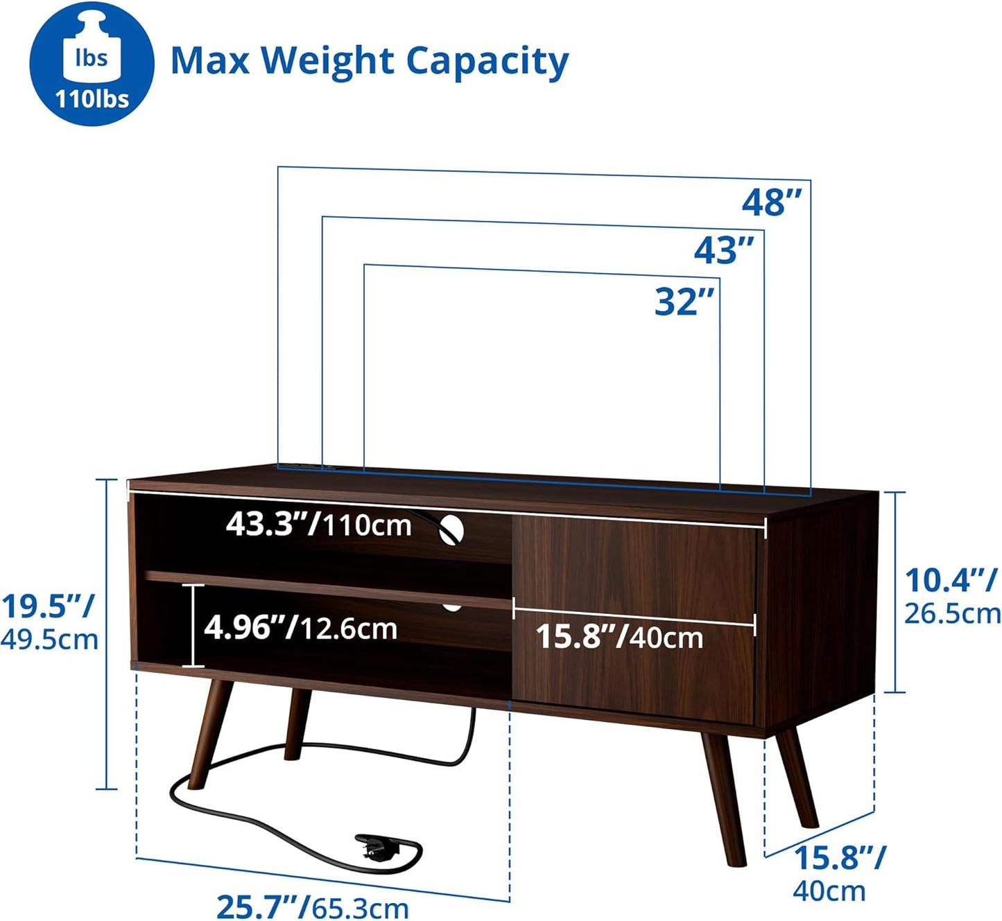 TV Stand for 48 Inch TV, Mid Century Modern Entertainment Center with Storage Cabinet, TV Media Console for Living Room, Bedroom, Dark Brown