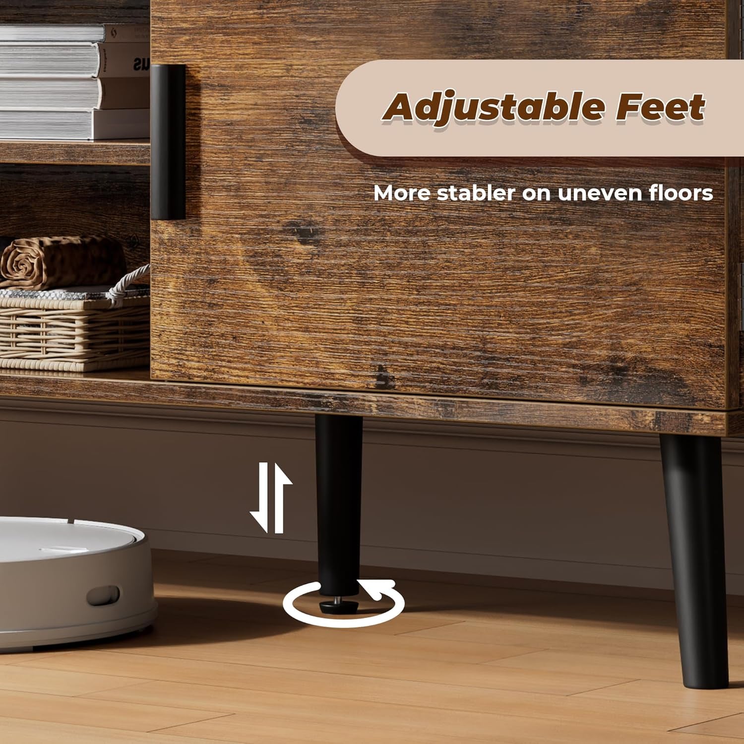 TV Stand for 55 Inch TV, Entertainment Center with Adjustable Shelf, 2 Cabinets, TV Console Table, Media Console, Solid Wood Feet, Cord Holes, for Living Room, Bedroom, Rustic Brown