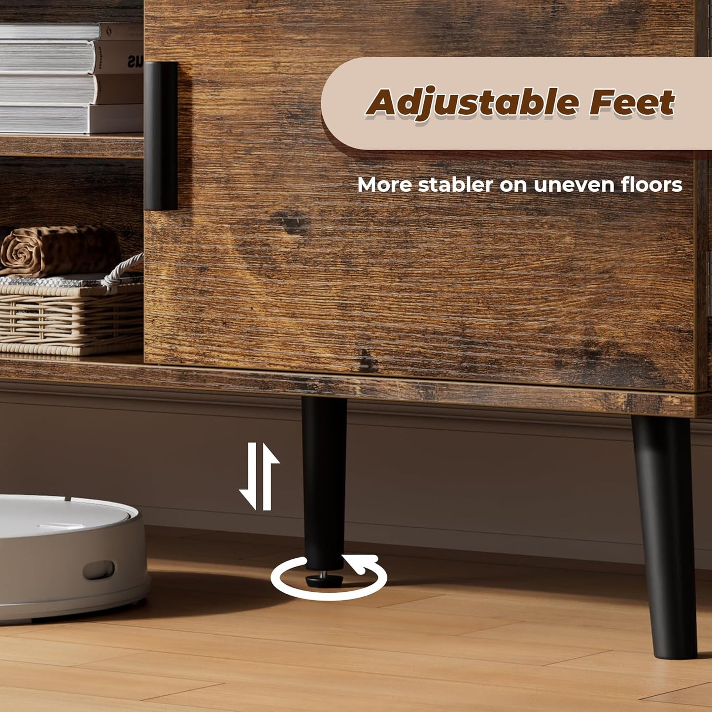 TV Stand for 55 Inch TV, Entertainment Center with Adjustable Shelf, 2 Cabinets, TV Console Table, Media Console, Solid Wood Feet, Cord Holes, for Living Room, Bedroom, Rustic Brown