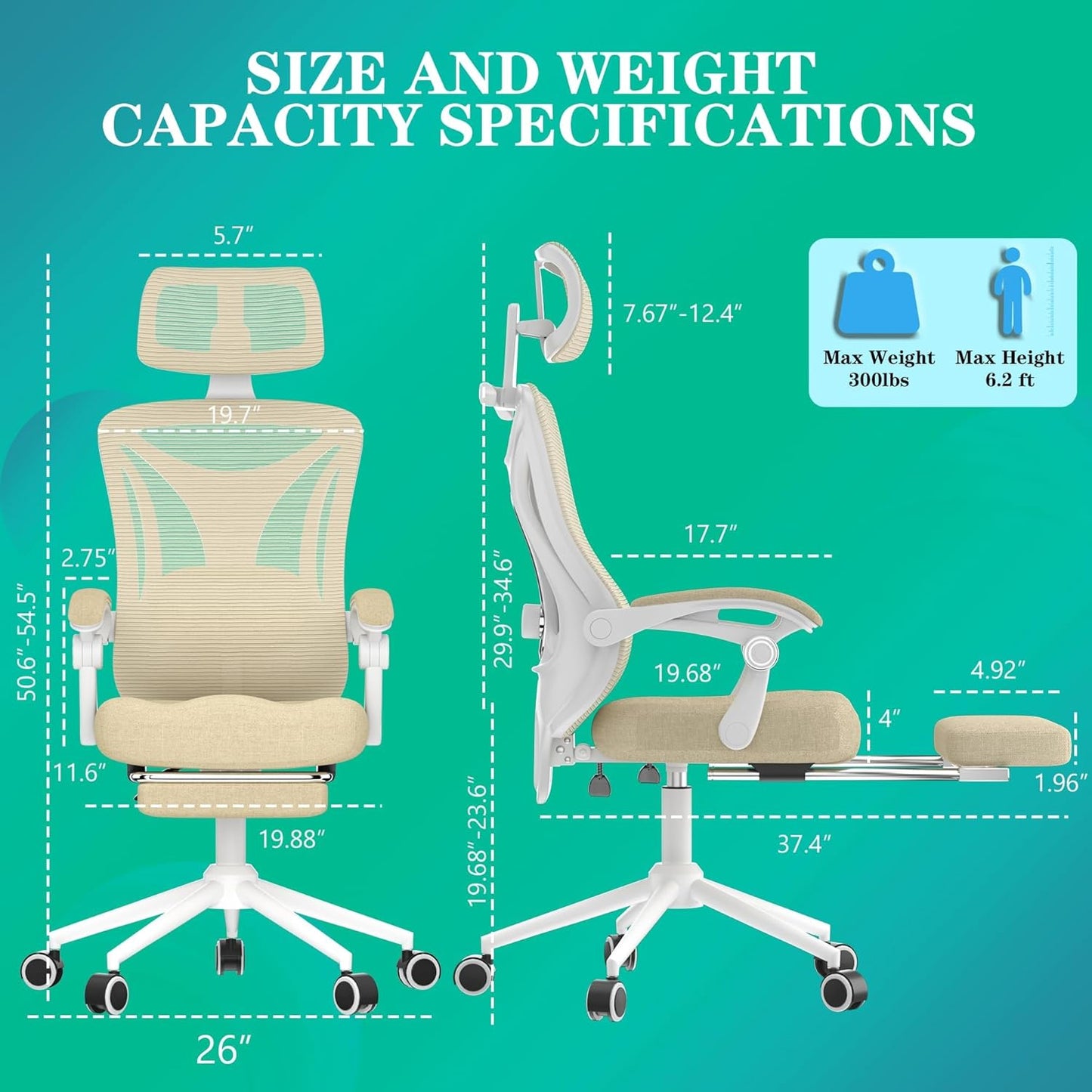 Ergonomic Office Chair - Adjustable Lumbar & Headrest, 90-160° Reclining with Footrest, Breathable Mesh Back - Home Office/Gaming Computer Chair (Beige, 300Lbs Capacity)