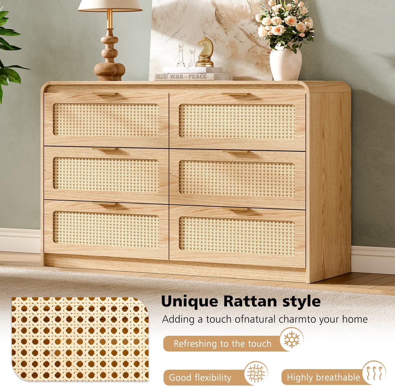 Mid Century Modern Dresser,Rattan 6 Drawers Dresser for Bedroom, 47" Wide Wood Dressers & Chests of Drawers/Curved Profile Design, Natural Texture for Bedroom, Living Room, Natural