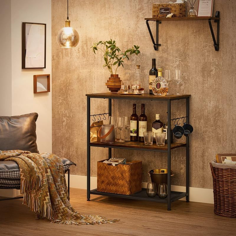 Bakers Rack, Kitchen Shelf, Kitchen Island, Microwave Oven Stand with 3 Open Shelves, 6 Hooks, Metal Frame, 15.7 X 31.5 X 35.4 Inches, Industrial, Rustic Brown and Black UKKI002B01
