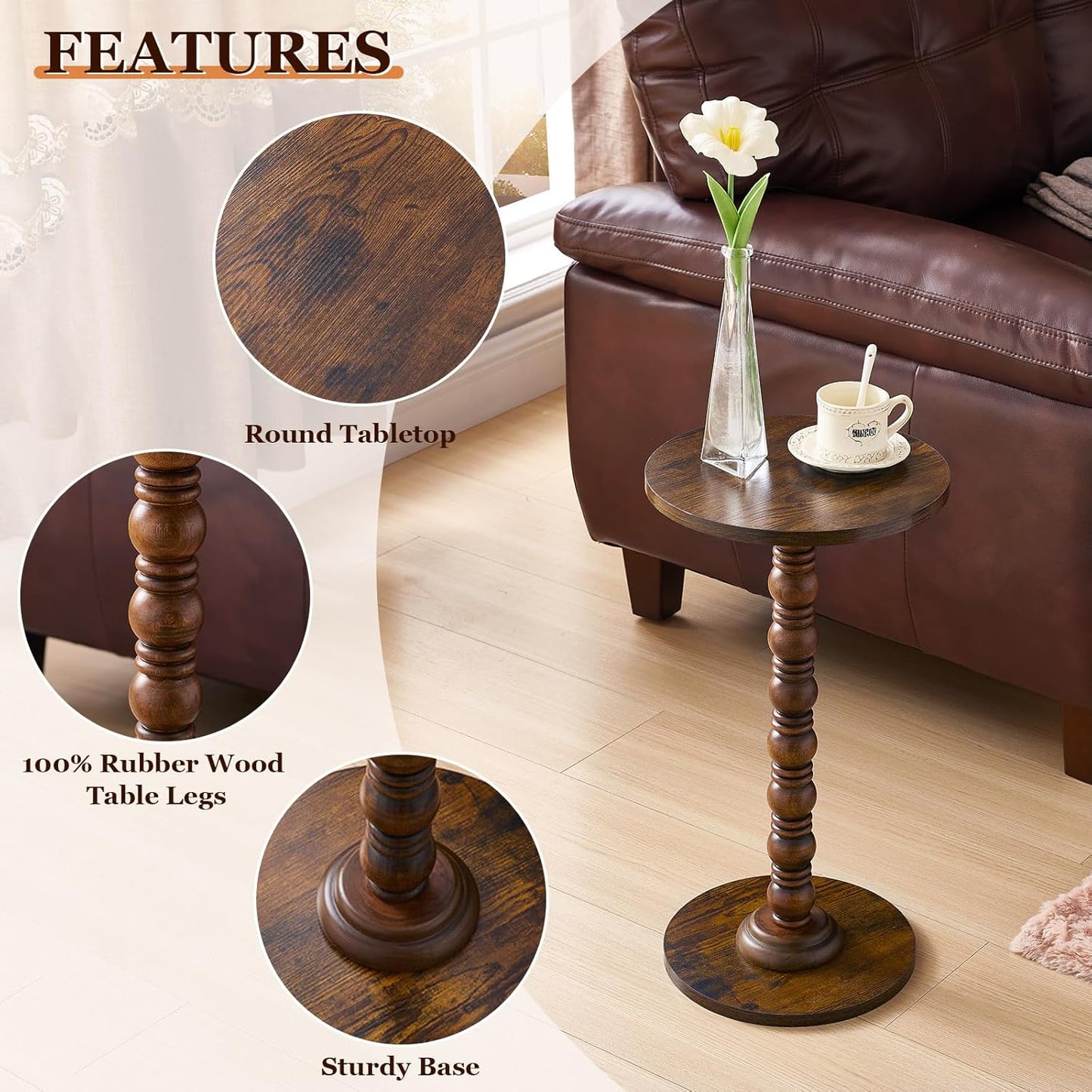 Round Side Table,Stable Small Drink Table for Small Spaces, Modern Accent Side Table with Solid Rubber Wood Table Leg,Easy Assembly for Living Room, Bedroom, Sofa & Office Corners-Rustic Brown