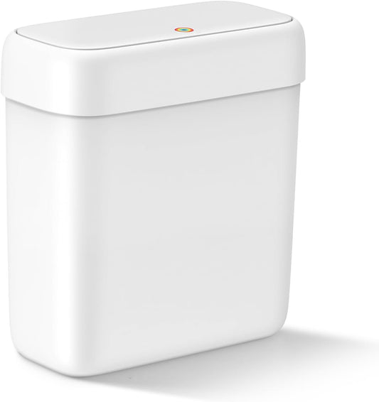 Small Bathroom Trash Can with Lid, 2.6 Gallons / 10 L Slim Plastic Garbage Bin with Pop-Up Lid, Mini Waste Basket Can Dog Proof for Kitchen, Bedroom, Office, Laundry, Toilet, Rv, White