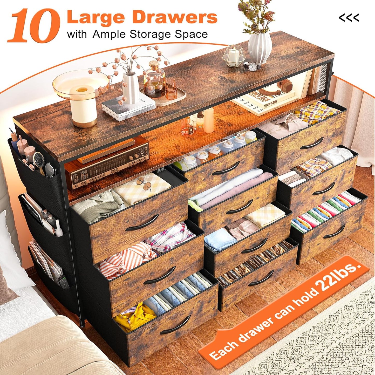 Dresser for Bedroom with 10 Drawers for 55" TV Stands for Living Room with LED Lights & Power Outlets Dressers with Shelves & Side Pockets Rustic Brown