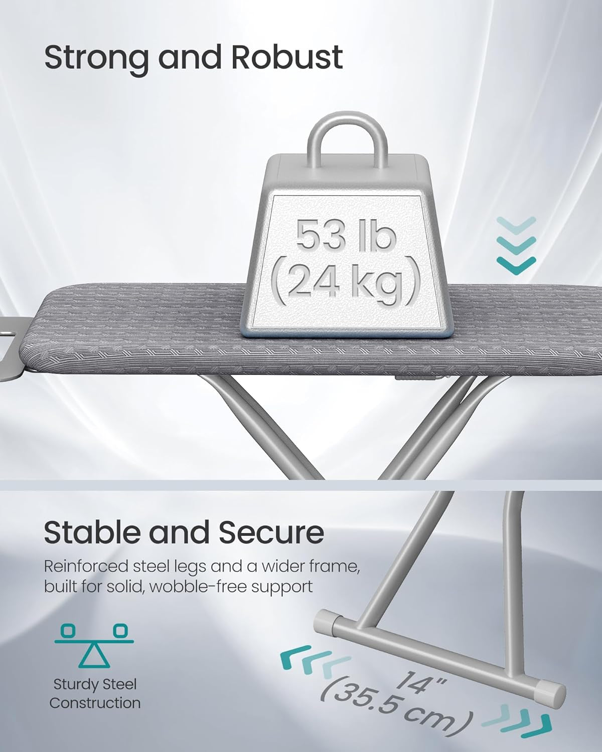 Ironing Board, Retractable Iron Rest, Foldable Iron Board, 43 X 13 Inches, Space-Saving, Height Adjustable, Padded with Cover, Hook, Dove Gray ULLB003GD02S