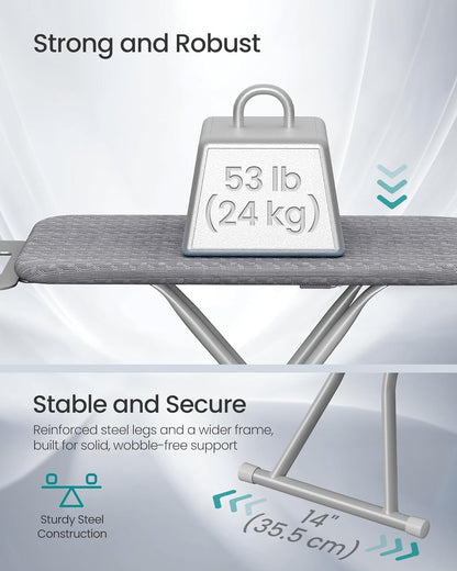 Ironing Board, Retractable Iron Rest, Foldable Iron Board, 43 X 13 Inches, Space-Saving, Height Adjustable, Padded with Cover, Hook, Dove Gray ULLB003GD02S