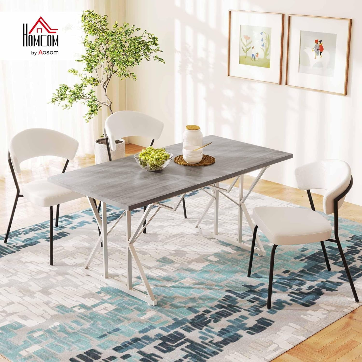 47"-63" Expandable Dining Table for 4-6 People, Farmhouse Extendable Dining Room Table with Heavy Duty Metal Trestle Base, Rectangle Kitchen Table, Distressed Gray