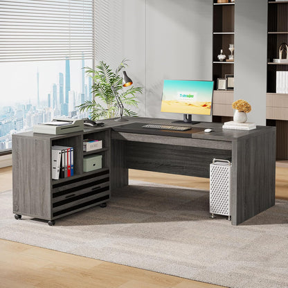 62.2" Executive Desk with Mobile File Cabinet, L-Shaped Office Desk with Storage Shelves, Large Computer Table Business Workstation Set for Home Office, Grey