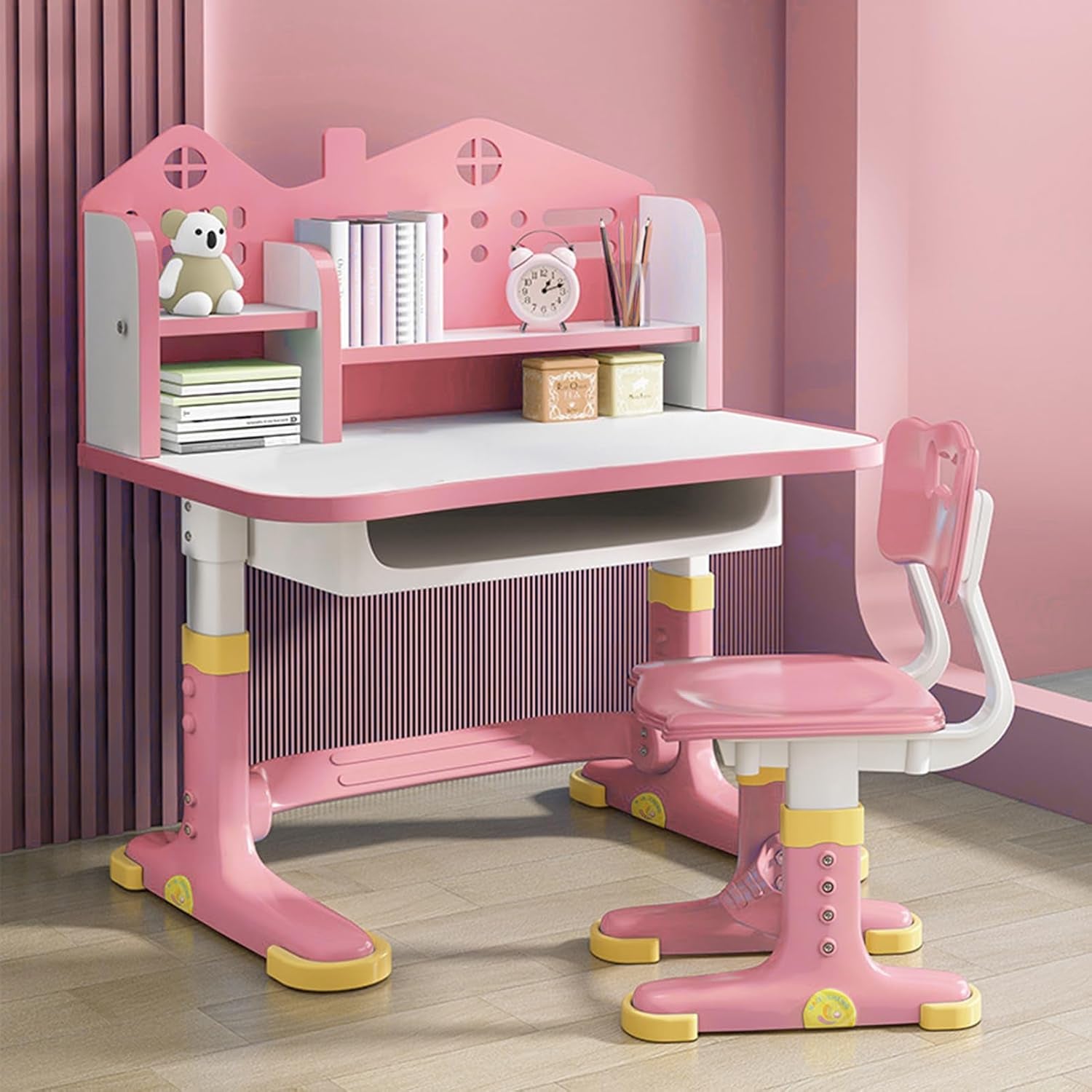 Kids Adjustable Study Desk & Chair Set W/Storage,Drawers,Bookshelf,Child Toddler Writing Homework Table,Little Girl Work Computer Desk,Princess Preschool Desk,Escritorio Mesas Para Niña (Pink A)
