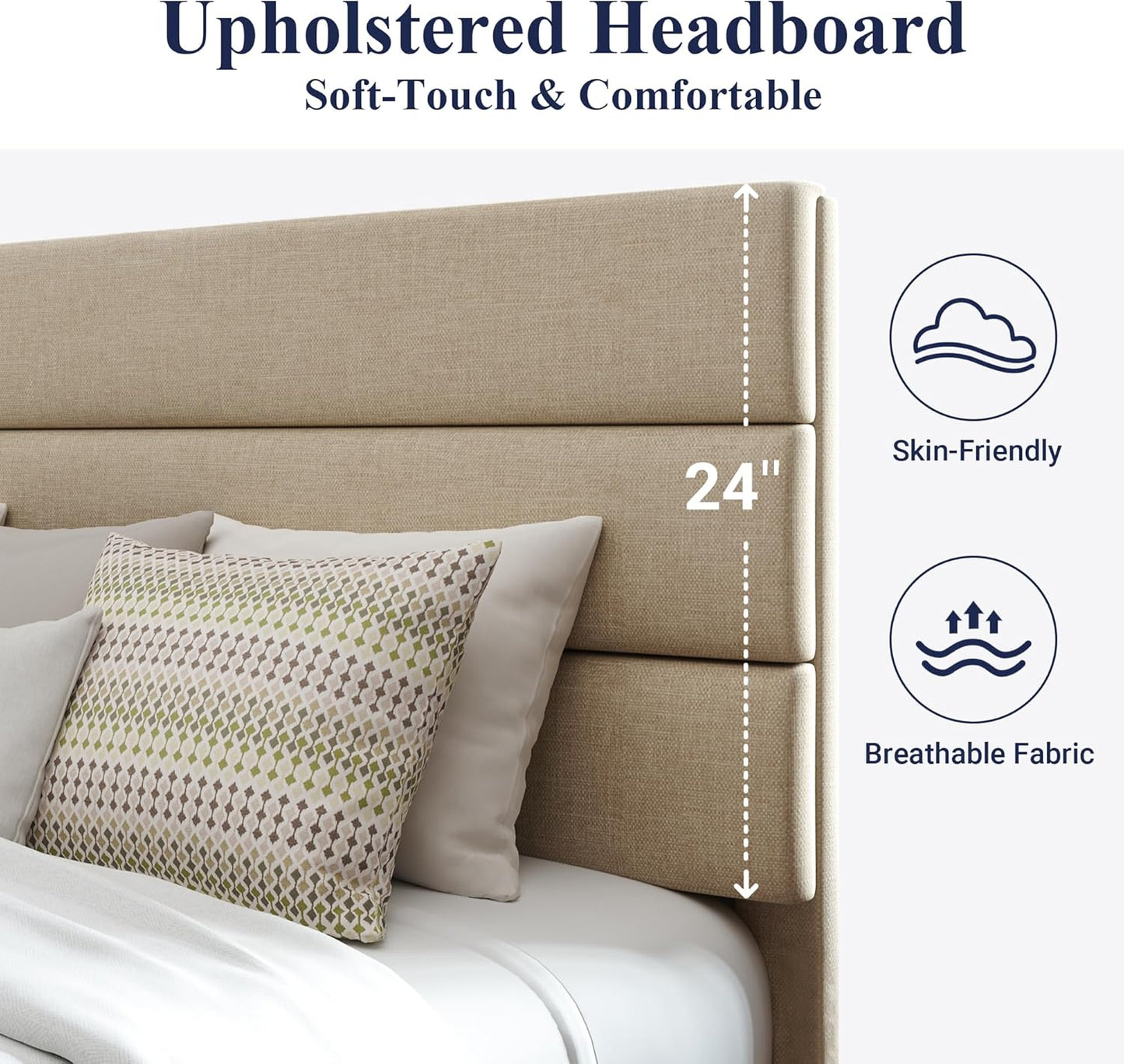 Queen Size Platform Bed Frame with Fabric Upholstered Headboard and Wooden Slats Support, Fully Upholstered Mattress Foundation/No Box Spring Needed/Easy Assembly, Beige