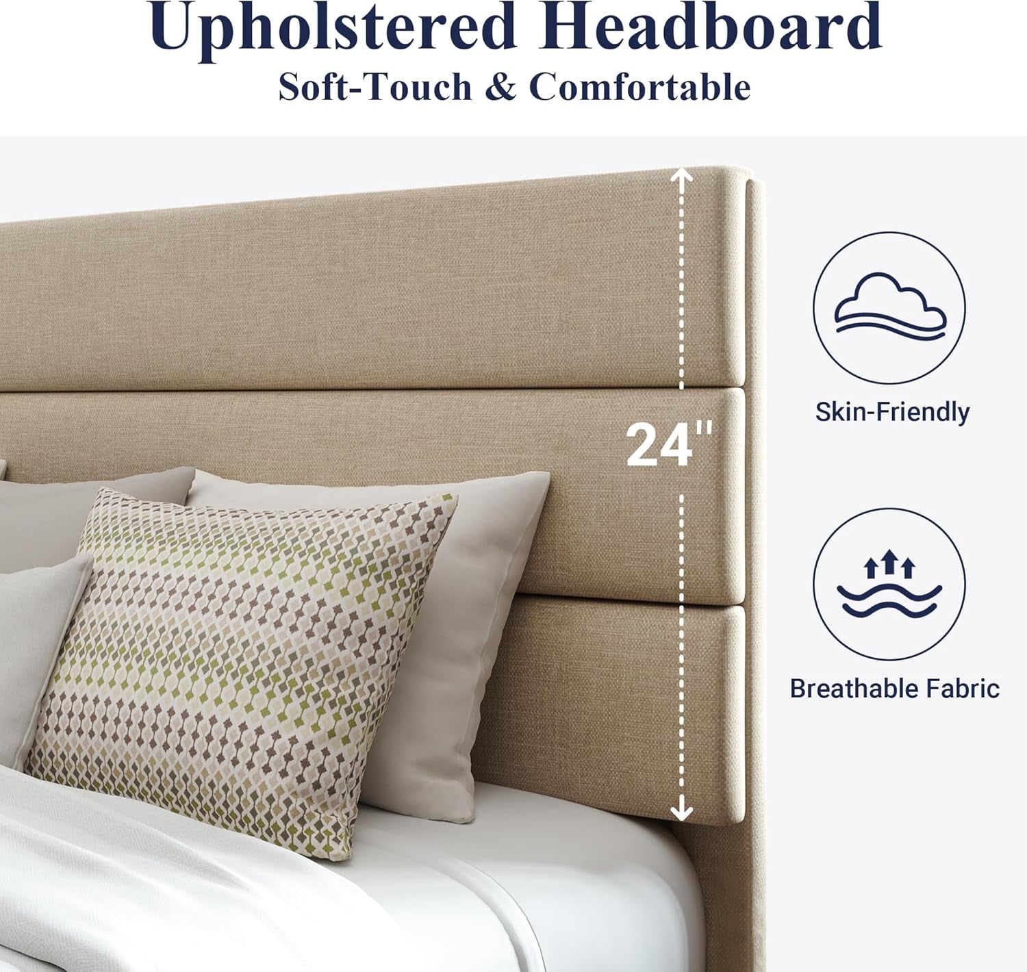 Queen Size Platform Bed Frame with Fabric Upholstered Headboard and Wooden Slats Support, Fully Upholstered Mattress Foundation/No Box Spring Needed/Easy Assembly, Beige