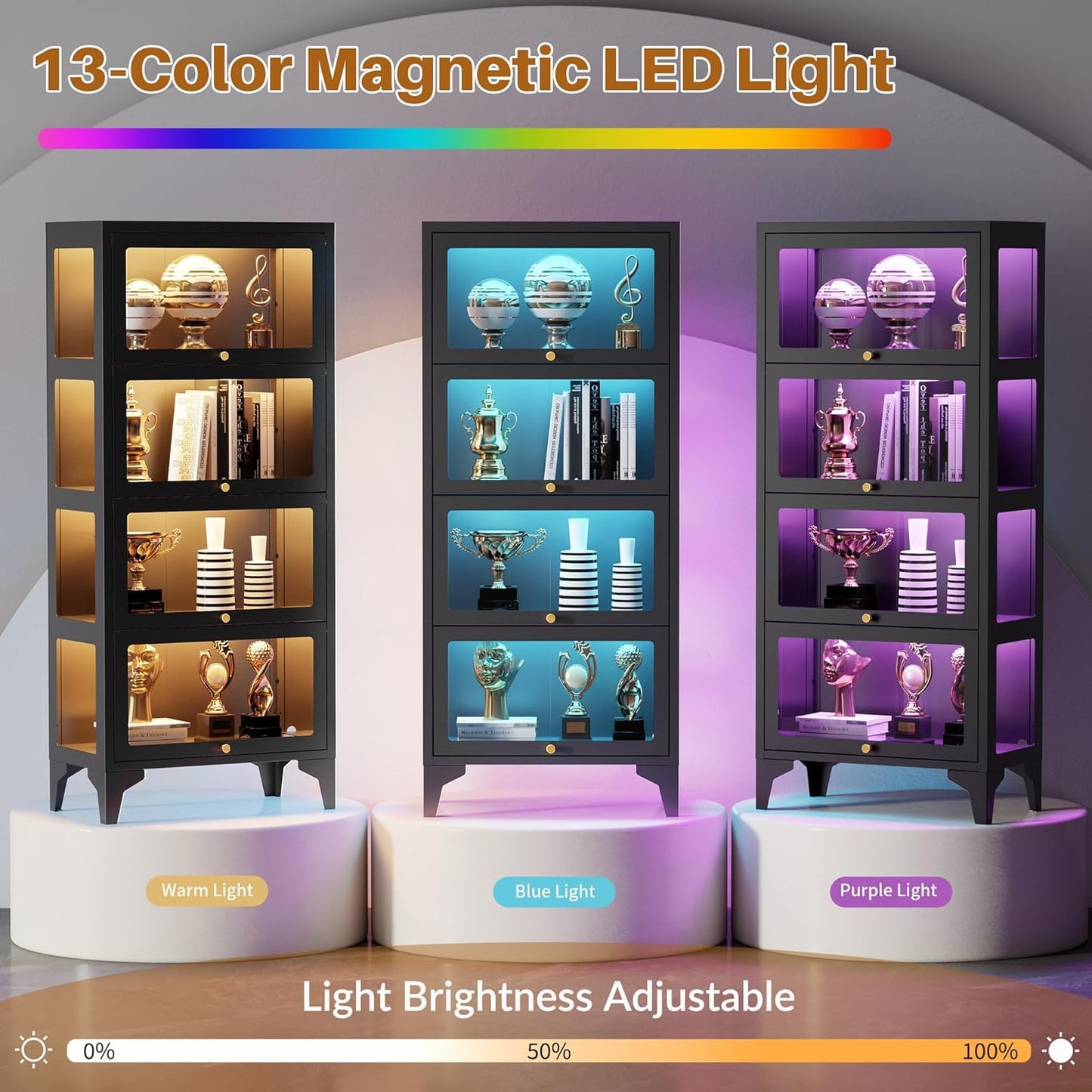 4 Tier Glass Display Cabinet with Flip-Up Doors, 55" Curio Cabinet with 13-Color LED Lights, 3-Side Tempered Glass Display Case for Books, Collectibles, Figures, Black