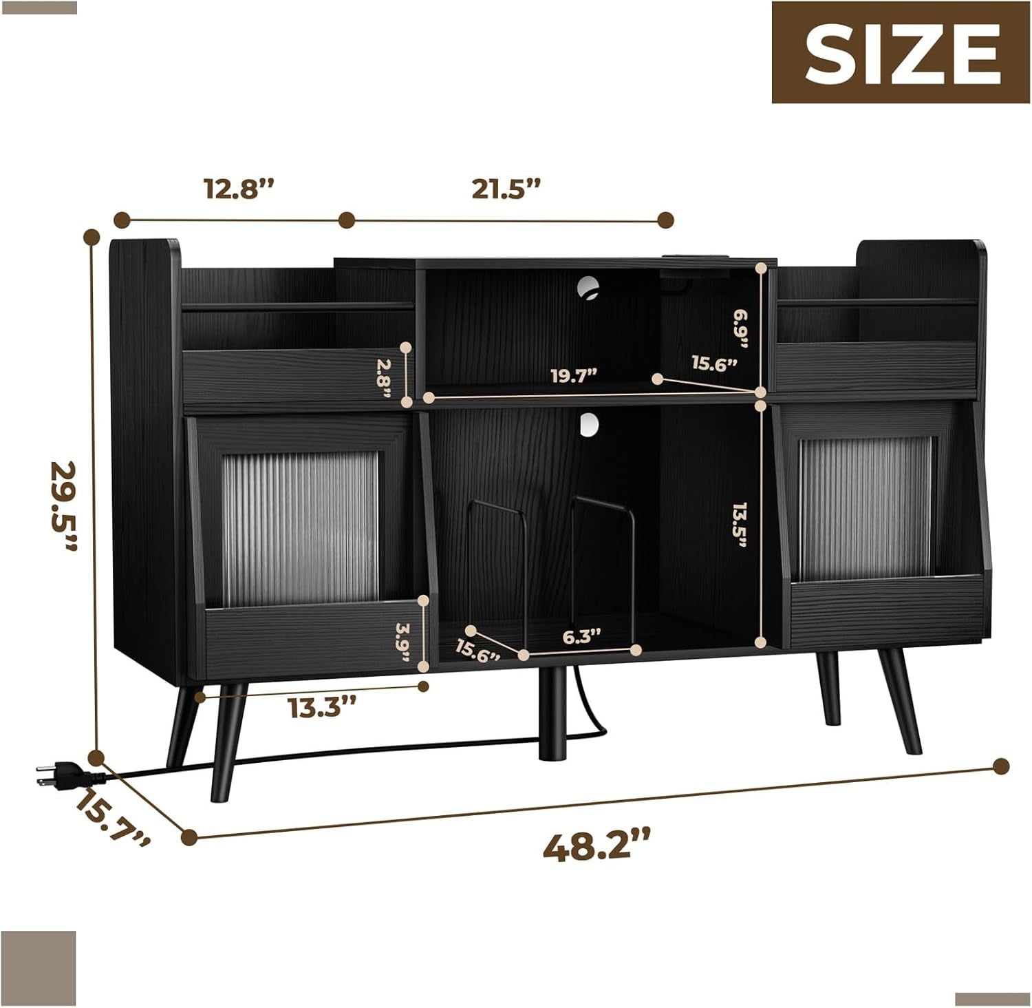 XL Black Record Player Stand,Turntable Stand Shelf with with Power Outlet and LED Light,Vinyl Record Storage Cabinet up to 500 Albums, Wood Record Player Holder Table for Living Room