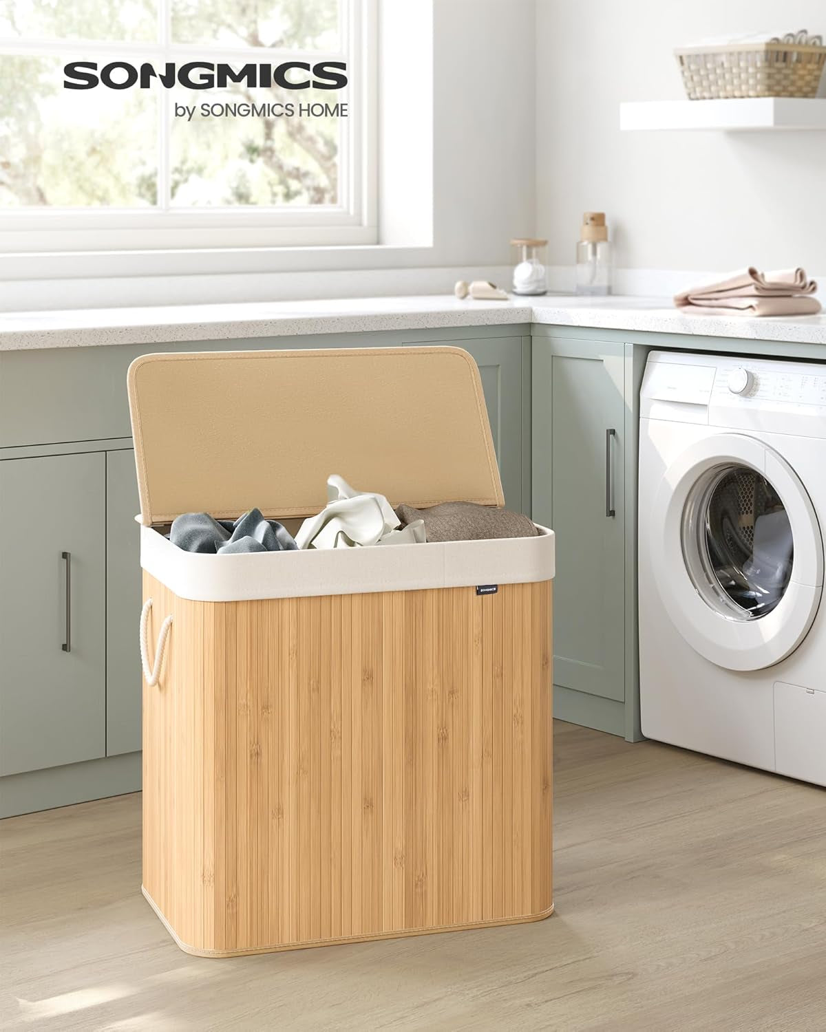 Laundry Hamper, 39.6 Gal. (150 L), 3-Section Laundry Basket, Laundry Hamper with Lid, Bamboo, Foldable, Removable and Machine Washable Liner, for Laundry Room, Bedroom, Natural ULCB091N01