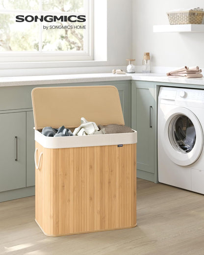 Laundry Hamper, 39.6 Gal. (150 L), 3-Section Laundry Basket, Laundry Hamper with Lid, Bamboo, Foldable, Removable and Machine Washable Liner, for Laundry Room, Bedroom, Natural ULCB091N01