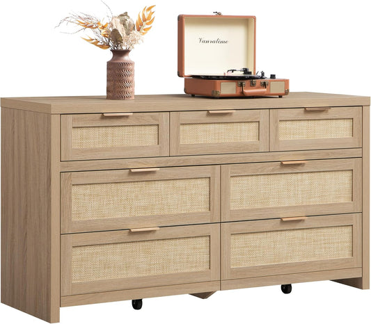 7 Drawer Dresser for Bedroom, 57" Wide Rattan Dressers, Large Chest of Drawers for Bedroom, Dresser TV Stand, Boho Closet Organizer (Reclaimed Light Oak, 7 Drawers (1 Pc))