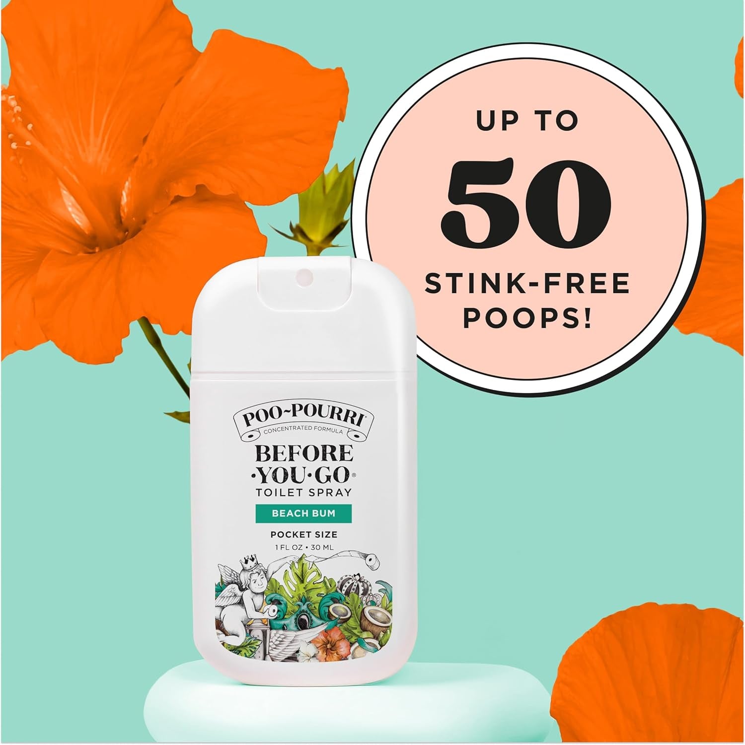 Before-You-Go Pocket Toilet Spray, Travel Essentials, Beach Bum, 1 Fl Oz, up to 50 Uses, On-The-Go Bathroom Odor Deodorizer with Essential Oils, TSA Approved Size, Coconut Orchid Scent