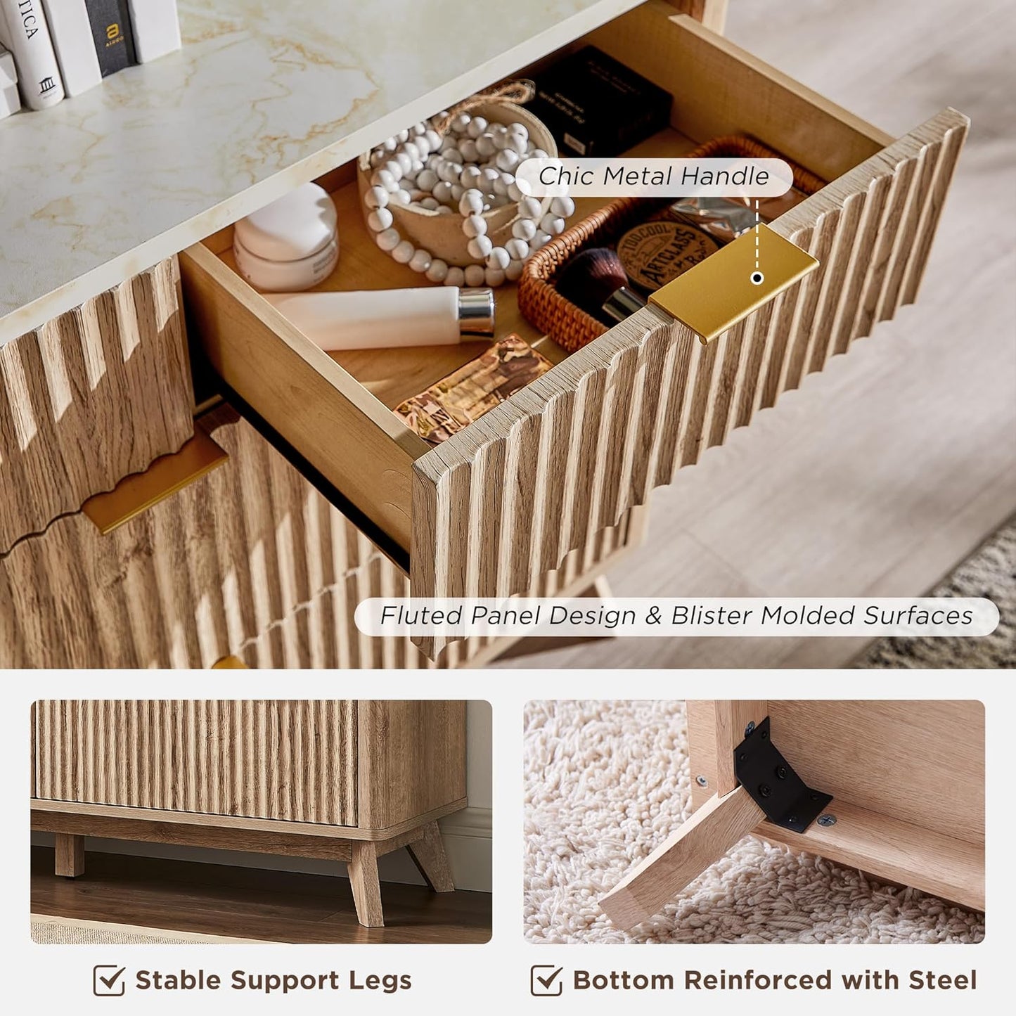 Fluted 7 Drawers Dresser, 54" Wide Modern Chest of Drawers with Faux Marble Top, Curved Profile Design, Dresser TV Stand, Wood Drawer Organizer for Bedroom, Living Room, Hallway, Natural Oak