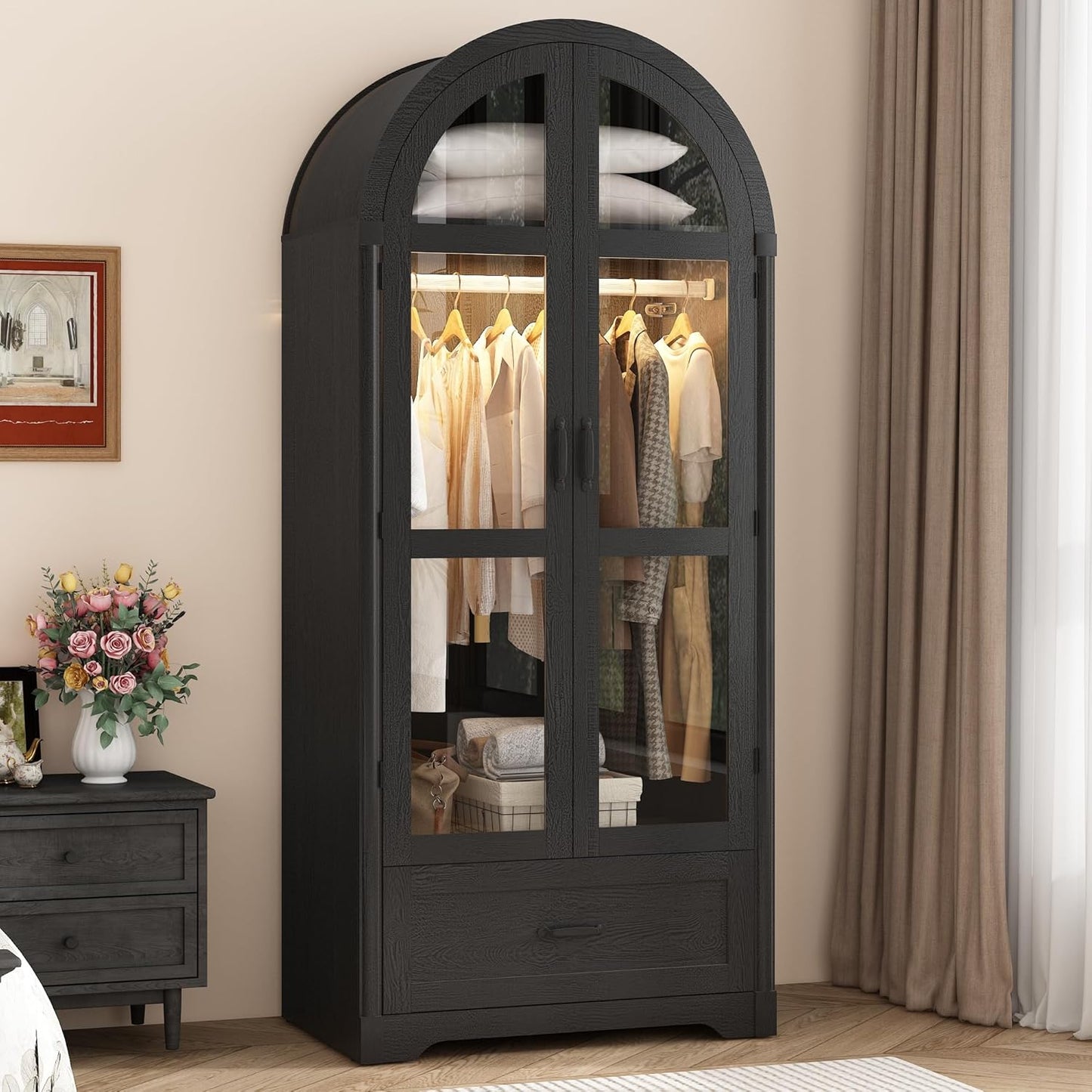2 Doors Arched  W/Drawers,Led Light,Wooden Closet Wardrobe Cabinet with Hanging Rod for Bedroom,Modern Armoire Storage Cabinet W/Shelf,Black