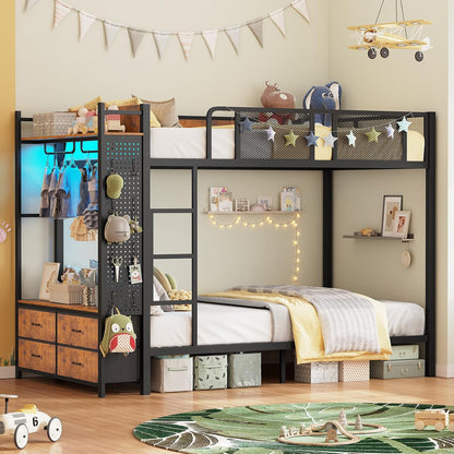 Metal Bunk Bed Twin over Twin with Hall Tree, Power Outlet, LED Bunk Bed with 4 Storage Drawers, Bed with Safety Guardrail & Ladders, No Box Spring Needed, Easy Assembly, Rustic Brown