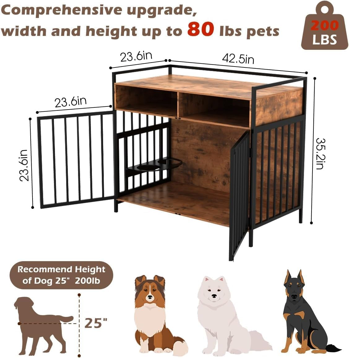 Large Dog Crate Furniture - 48" Vintage Brown Wooden Kennel for Big Dogs, Heavy Duty Chew-Proof Cage with 360° & Adjustable Raised Feeder, Dual Use as End Table or TV Stand