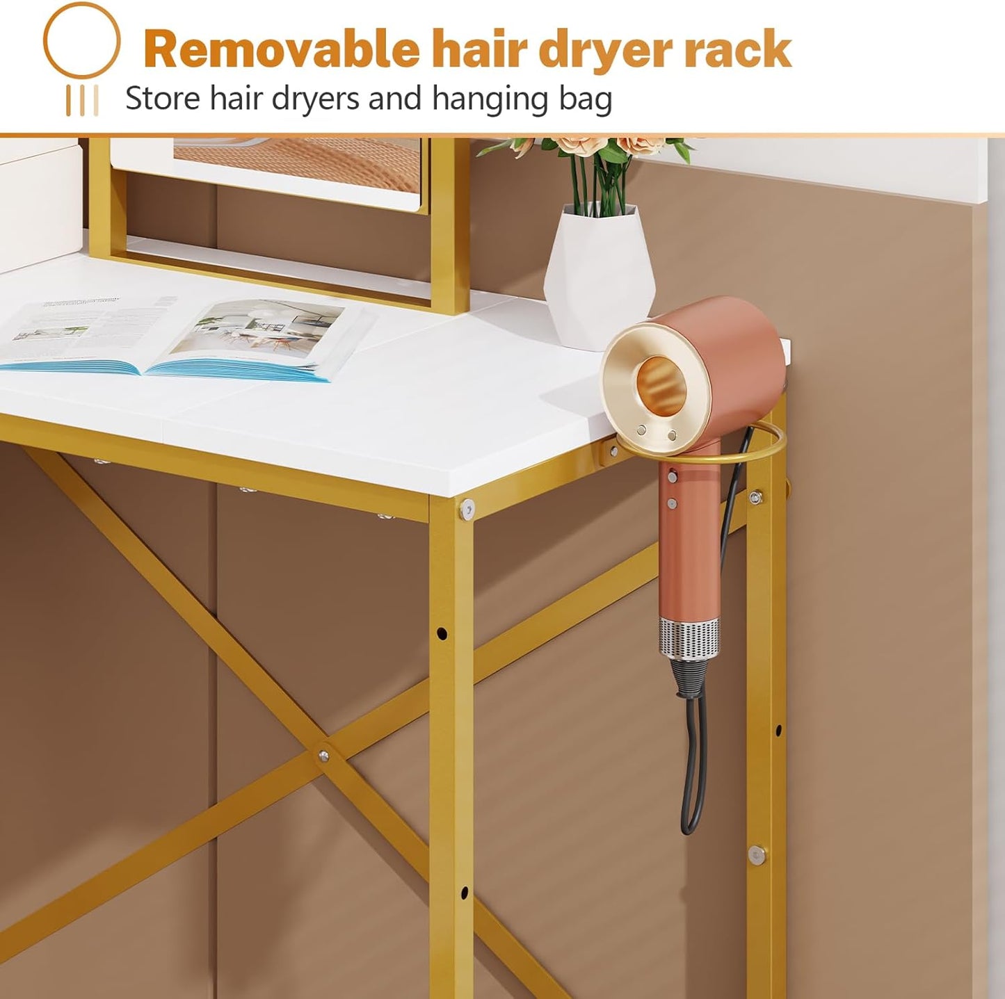 Makeup Vanity Set with 360°Rotating Mirror Amd PU Leather Chair, Compact Small Vanity Desk with Side Pocket for Small Space, Dressing Table for Bedroom, Cheap Gold and White Vanity for Girls and Women