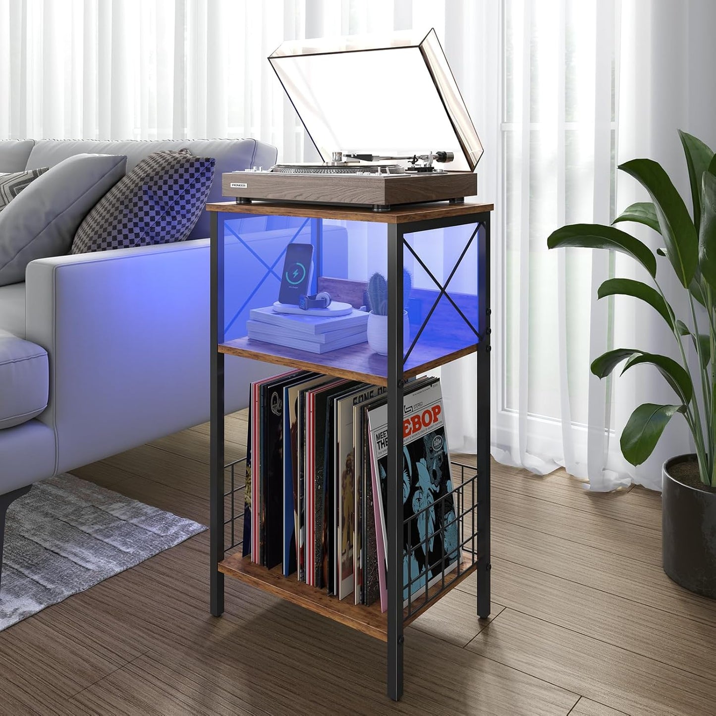 3 Tiers End Table with Charging Station, LED Side Small Table Turntable for Vinyl Storage, Records Player Stand for Albums, Vinyl Holder Shelf Tables for Living Room, Bedroom Rustic Brown