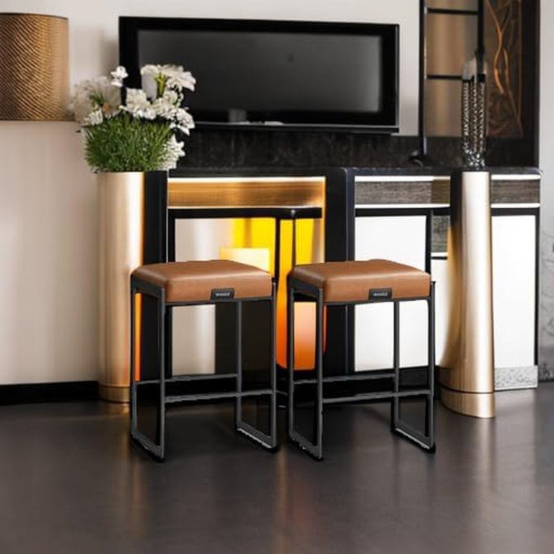 EKHO Collection - Bar Stools Set of 2, Counter Height Bar Stools, Synthetic Leather with Stitching, Mid-Century Modern Counter Stools, 26-Inch Tall, Kichen Home Bar Dining Room, Caramel Brown