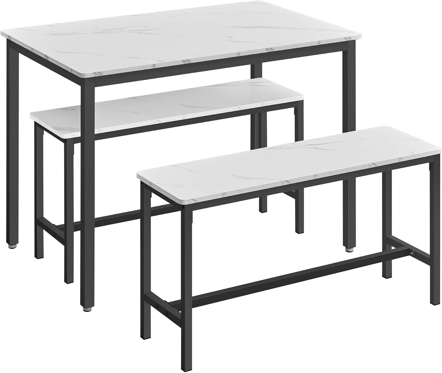 Dining Table Set for 4, Kitchen Table with 2 Benches, 43.3 X 27.6 X 29.5 Inches Dining Room Table, 38.2 X 11.8 X 19.7 Inches Bench, Marble White and Ink Black UKDT070B59