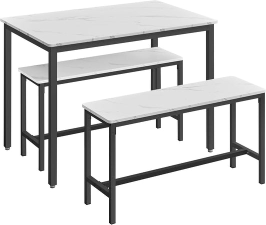Dining Table Set for 4, Kitchen Table with 2 Benches, 43.3 X 27.6 X 29.5 Inches Dining Room Table, 38.2 X 11.8 X 19.7 Inches Bench, Marble White and Ink Black UKDT070B59