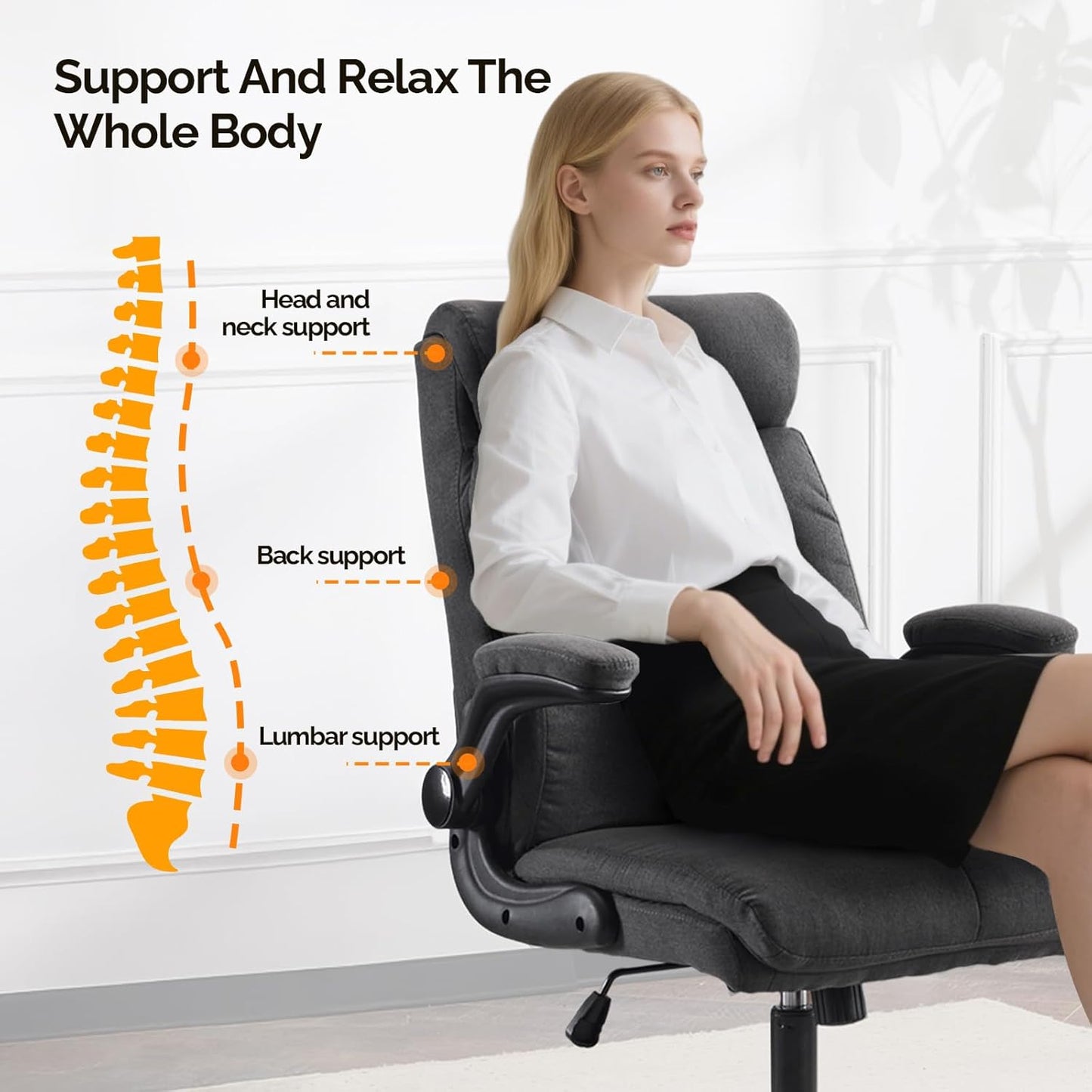 Rolling Ergonomic Office Desk Chair with Padded Flip-Up Arms, 360° Swivel High Back Executive Computer Task Chair with Wheels for Game，Home Small Space, Study Room, Reading Room, Linen Black