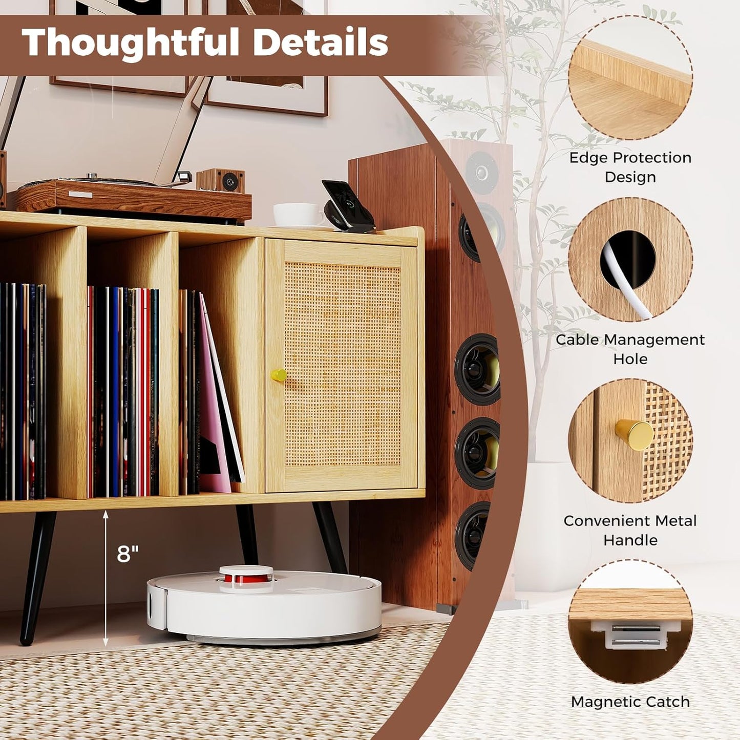 Mid Century Record Player Stand with Charging Station, Rattan Turntable Stand with Storage Cabinet & Adjustable Shelf, Boho Record Player Table, Vinyl Record Storage for Living Room, Bedroom