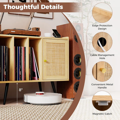 Mid Century Record Player Stand with Charging Station, Rattan Turntable Stand with Storage Cabinet & Adjustable Shelf, Boho Record Player Table, Vinyl Record Storage for Living Room, Bedroom