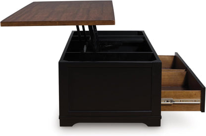 Wildenauer Lift Top Cocktail Table, Satin Finish Base, 2 Drawers, 2 Storage Bins, Hardwood Solids, 52" W X 28" D X 19" H, Light Brown & Black