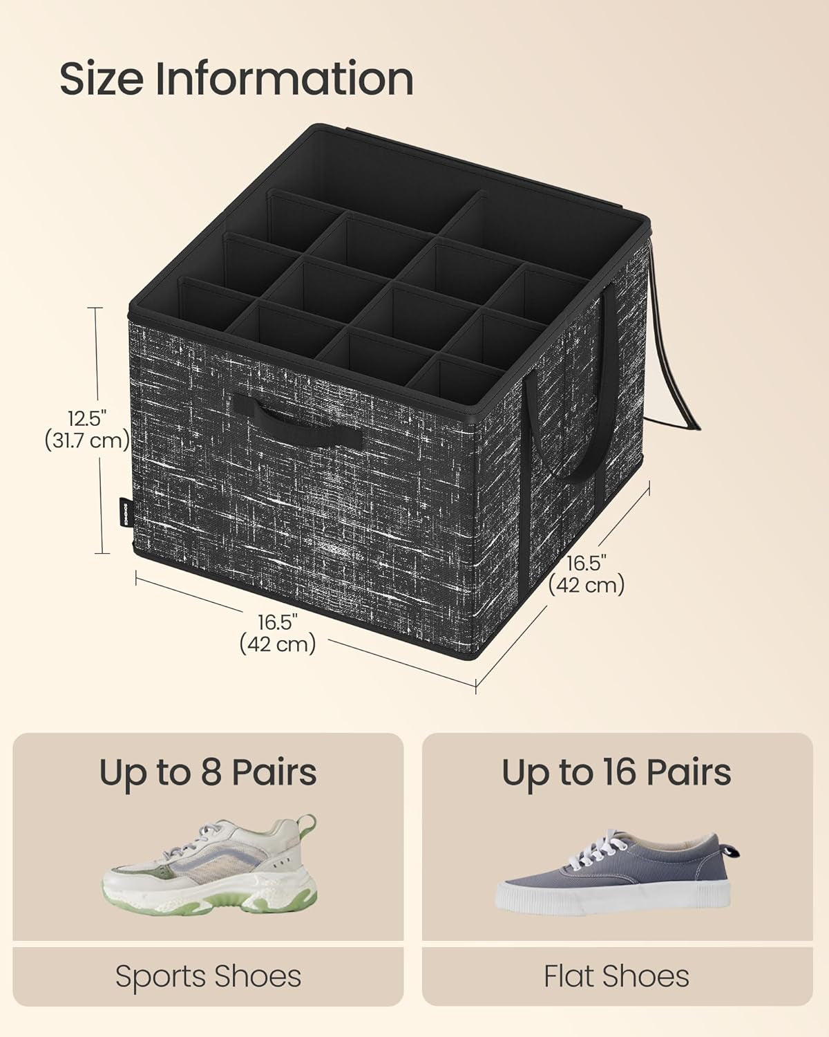 Shoe Organizer for Closet, Fits 16 Pairs, Shoe Storage Bin, Fabric Container with Handles and Clear Cover, for Bedroom, Entryway, Closet, Ink Black ULSP601B01