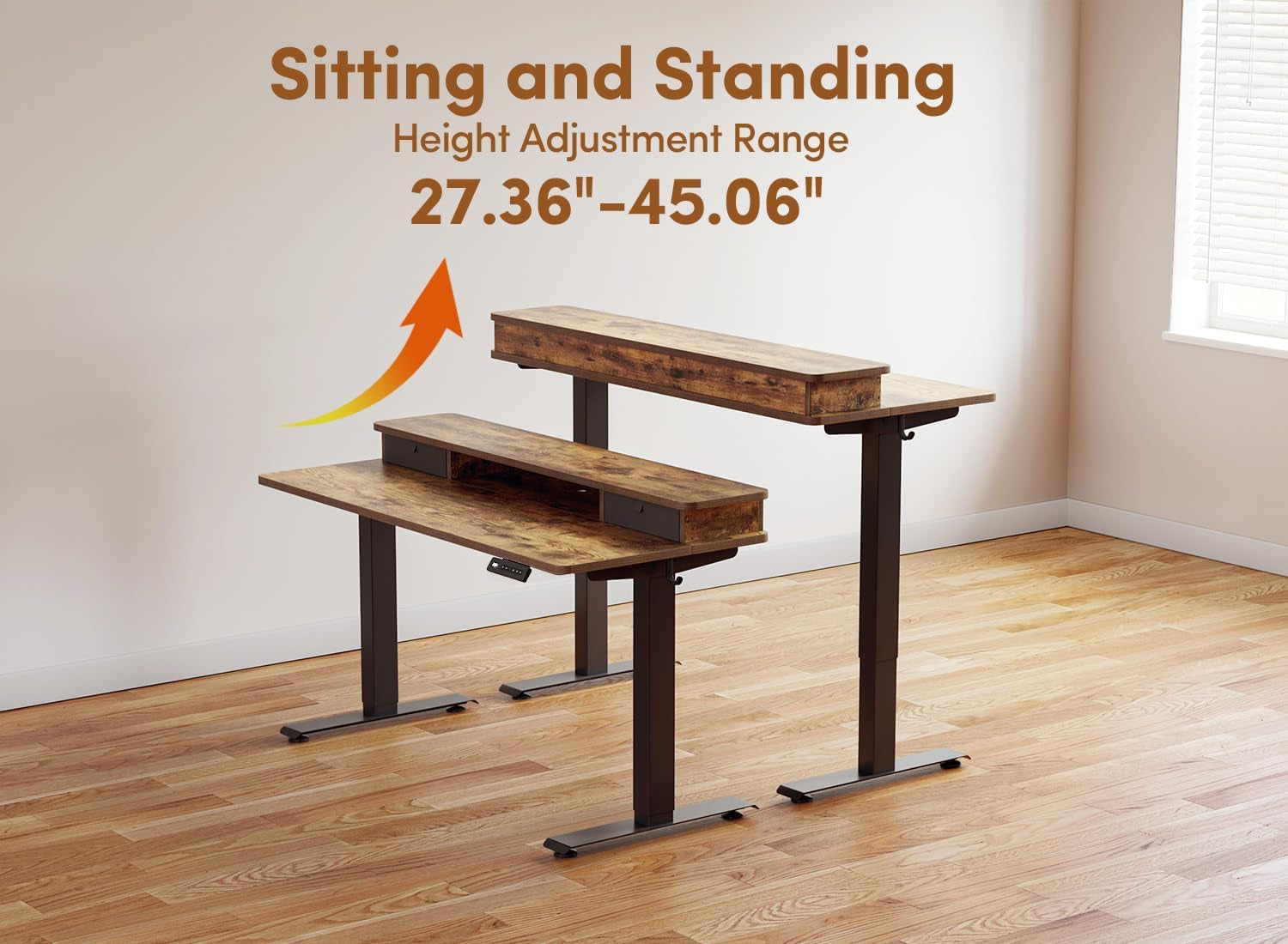 48 X 24 Inch Electric Height Adjustable Standing Desk with Double Drawers, 4 Adjustable Feet & 2 Hooks, Home Office Computer Workstation, Rustic Brown