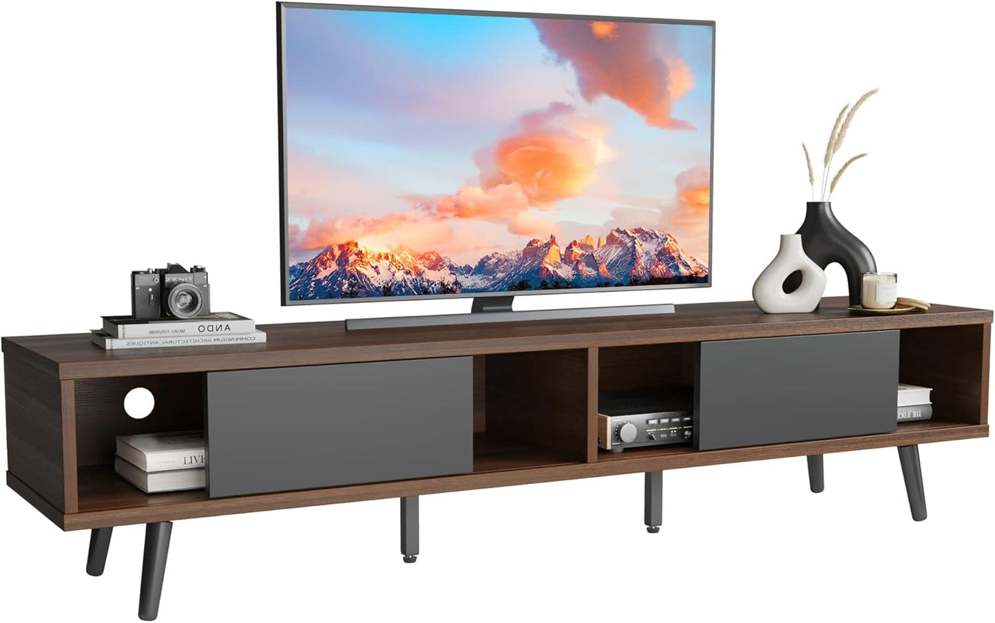 70 Inch Mid Century Modern TV Stand for 75 Inch TV, Low Profile TV Stand with Storage, Entertainment Center for Living Room, Cord Management, Walnut