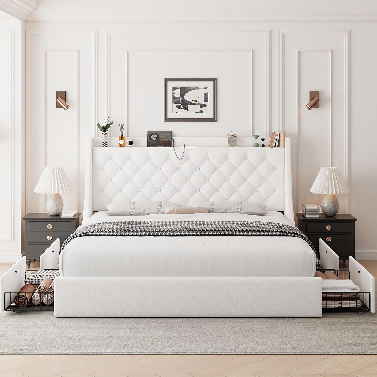 Upholstered Full Size Bed Frame with 4 Storage Drawers, Charging Station, Tufted Wingback Storage Headboard, No Box Spring Needed, Easy Assembly, White