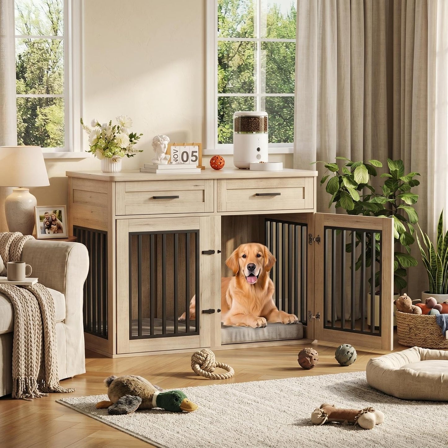 Extra Large Dog Crate Furniture,44.5 Inches Wooden Dog Crate with 2 Storage Drawers and 3 Hooks,Heavy Duty Pet Crate for Large Dog, Decorative Pet Cage with Sliding Barn Door for Indoor,Grey
