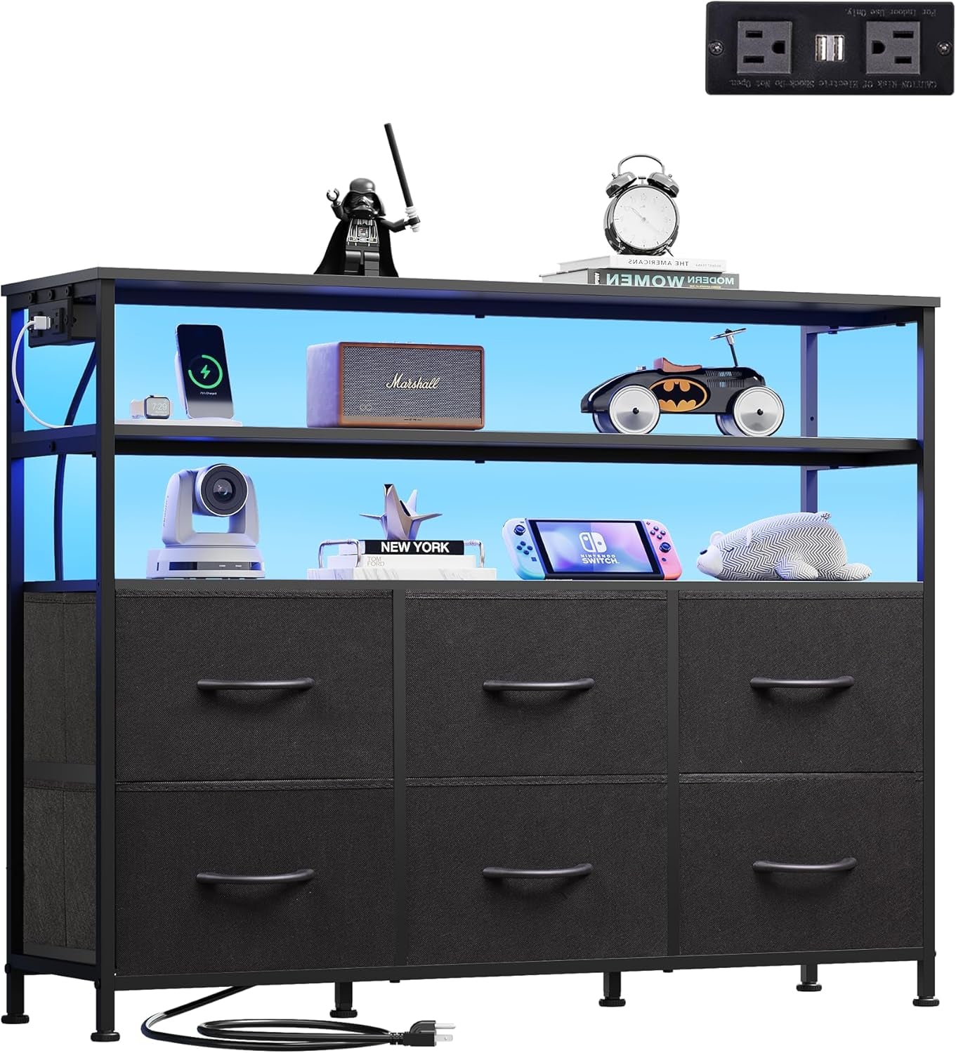 Black TV Stand for 40, 45 Inch TV, Entertainment Center with LED Lights & Charging Station, TV Media Console Table with 6 Fabric Drawers and Open Shelves for Living Room, Hallway, Wood Top