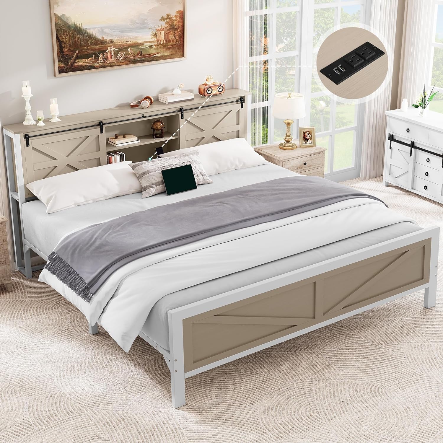 ​Farmhouse King Size Bed Frame with Headboard, Bookcase Storage Shelves, Sliding Barn Door, Charging Station, Rustic Wood Platform Bed, No Box Spring Needed, Oak