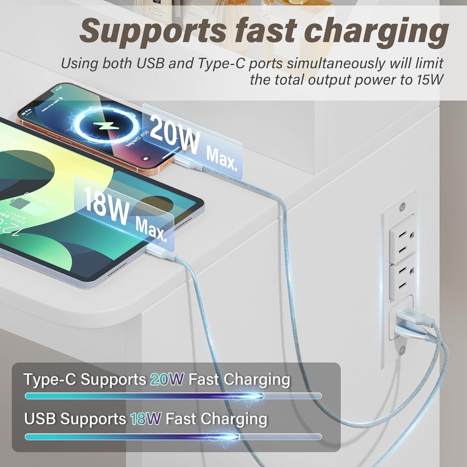 Vanity Desk with Lights and Mirror, L Shaped Makeup Table, Dresser with Hairdryer Holder and Power Outlet, Adjustable 3 Lighting Modes, 5 Drawers and Adjustabled Open Storage Shelves, White