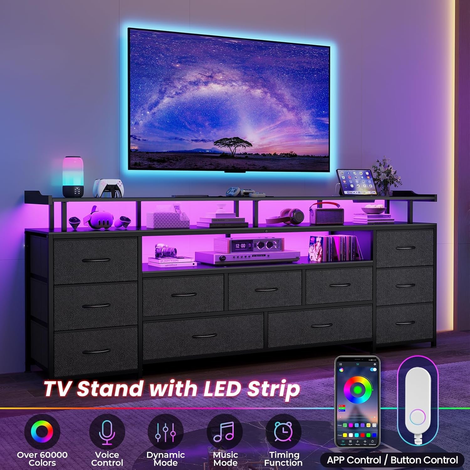 TV Stand for 65 Inch TV, 63" W TV Console Table with LED Lights & Charging Station, Long Dresser with 11 PU Drawers, Large Entertainment Center with Shelves for Bedroom,Black